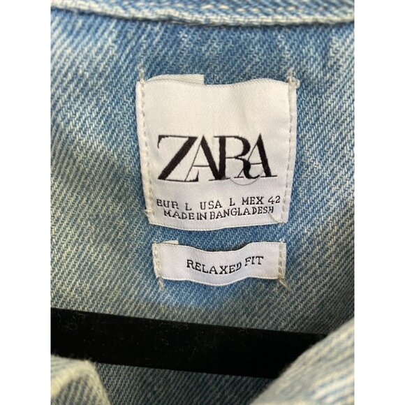 Zara Light Blue Distressed Denim Button-Up Shirt Relaxed‎ Fit L Cotton Jacket - Picture 3 of 6